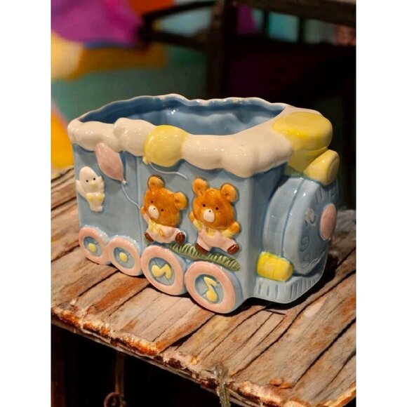 Vintage LUV Imports Baby Train Planter Blue Bears Balloons Japan Room Decor - Picture 1 of 5